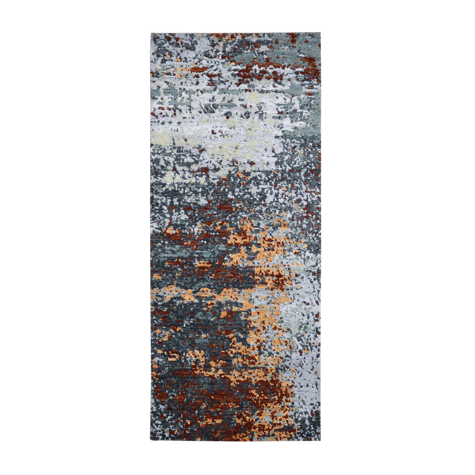 Charcoal Gray with Rust, Persian Knot, Abstract with Galaxy Design, 100% Wool, Hand Knotted, Densely Woven, Narrow Runner, Oriental Rug